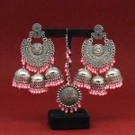 Baby Pink Color Oxidised Earrings Tikka Set